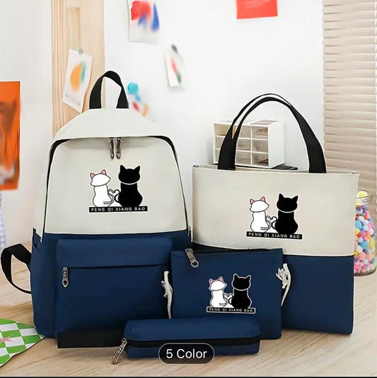 Cute Cat Print 4-in-1 School Bag Set for Girls
