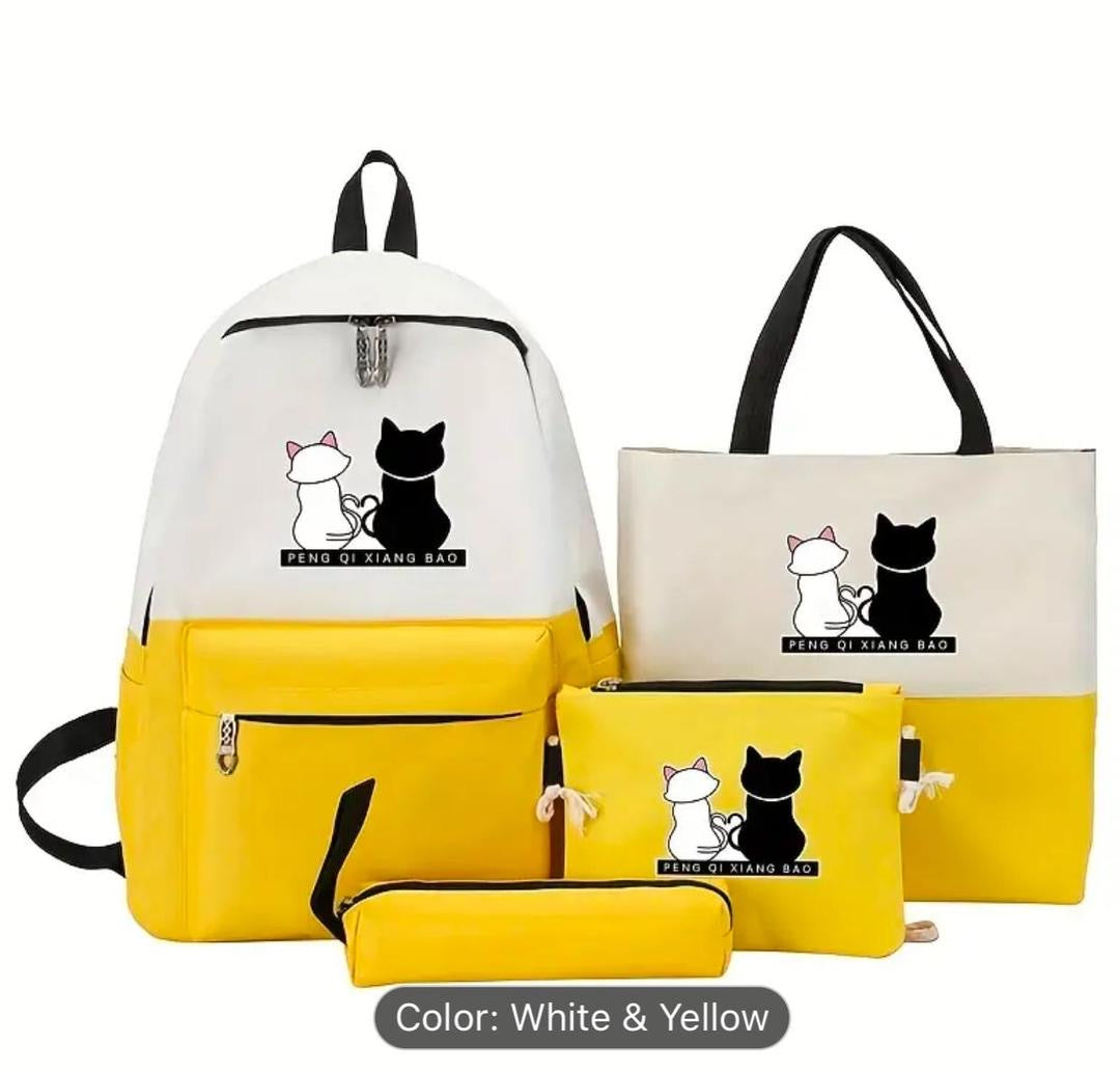Cute Cat Print 4-in-1 School Bag Set for Girls