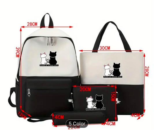 Cute Cat Print 4-in-1 School Bag Set for Girls