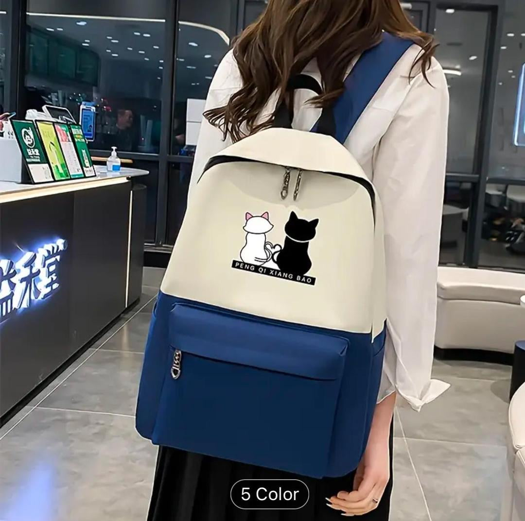 Cute Cat Print 4-in-1 School Bag Set for Girls