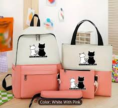 Cute Cat Print 4-in-1 School Bag Set for Girls